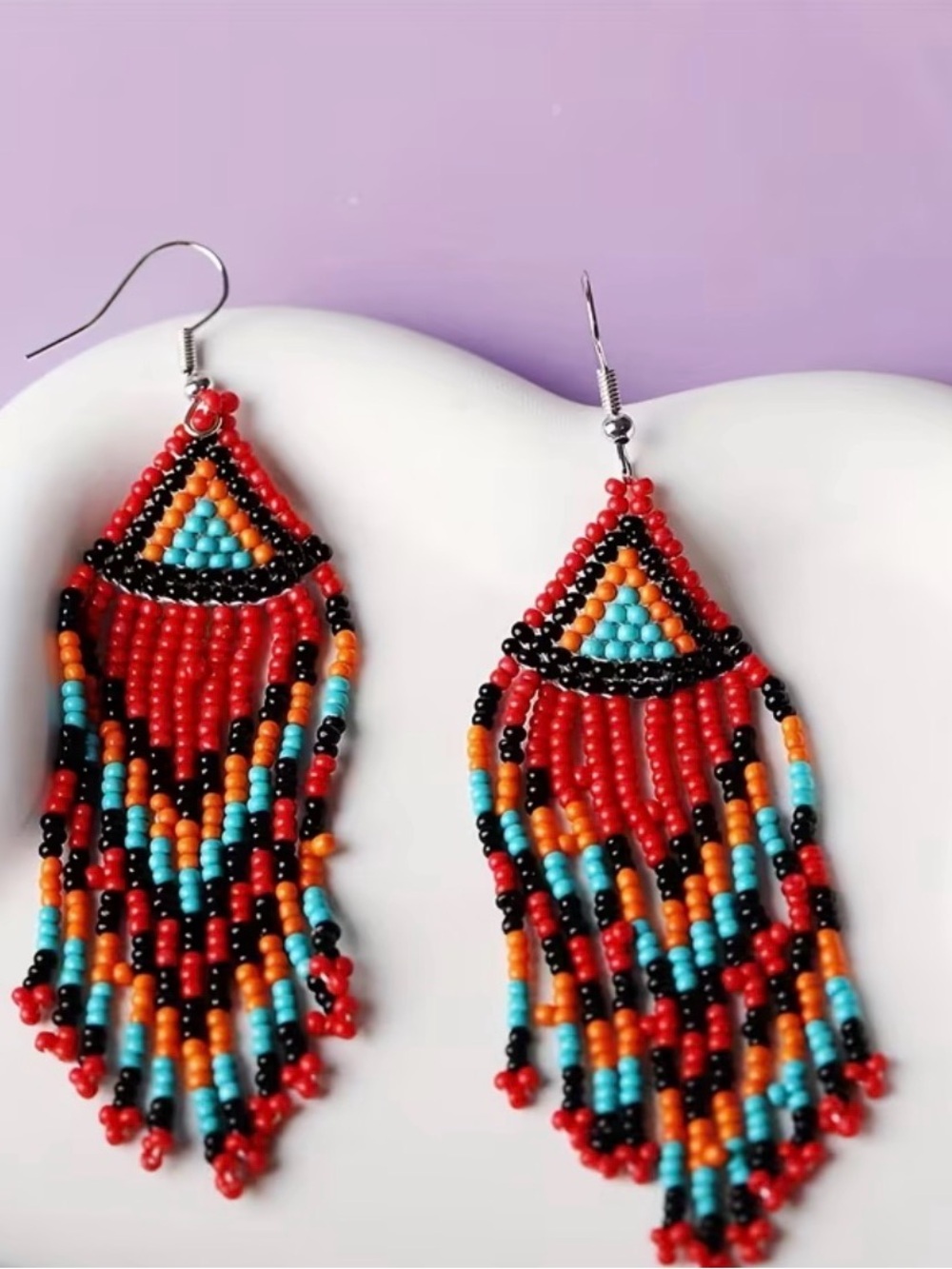 Handmade Red Beaded Fringe Earrings with Turquoise accents - Picture 2 of 2